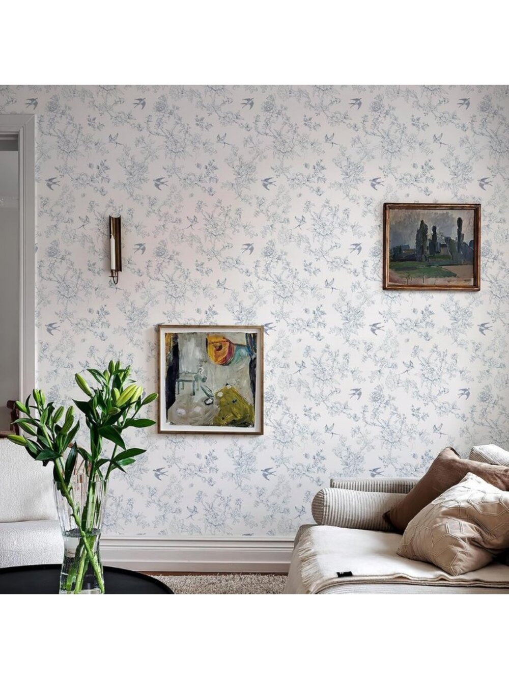 Vintage Floral Birds Peel and Stick Wallpaper - Blue & White Home Decor Accent